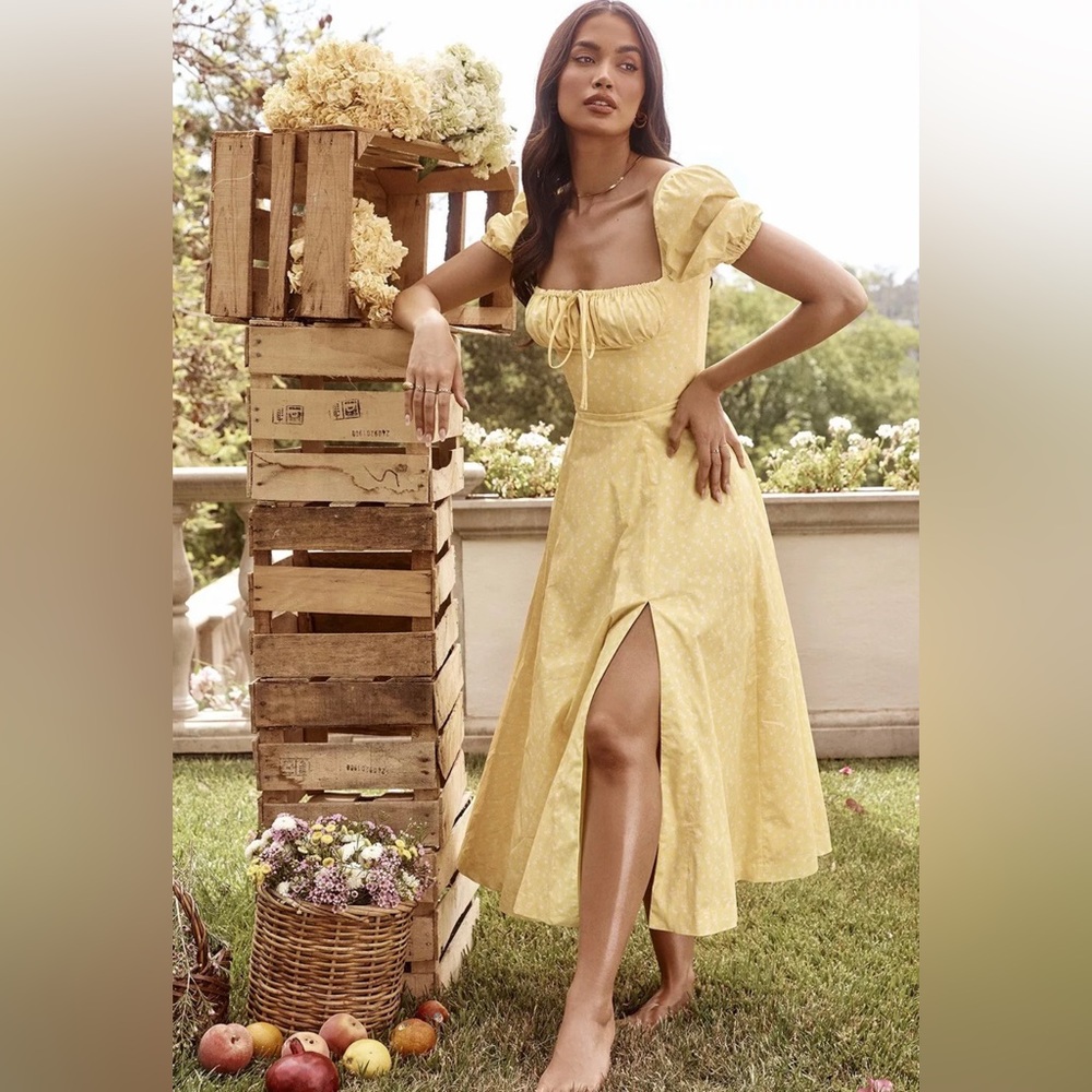 House of CB “Tallulah” Yellow Floral Puff Sleeve A-line Midi Dress